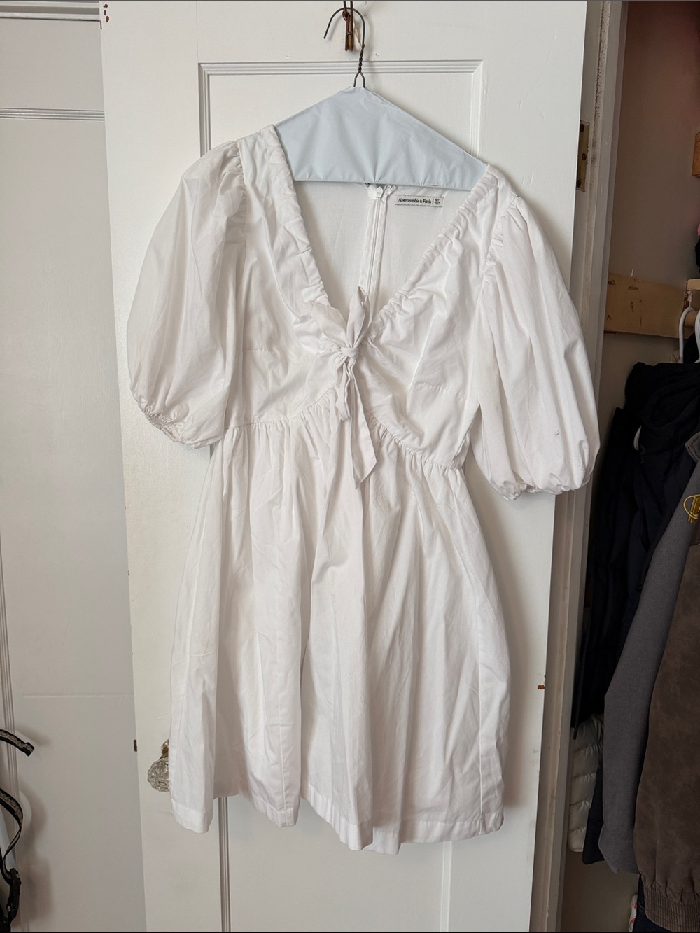 Abercrombie & Fitch White Puff-Sleeve Tie-Front Mini Dress